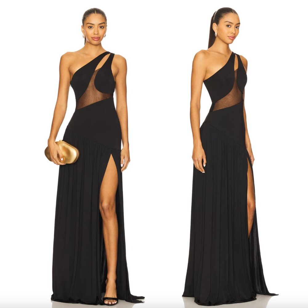 NEW NBD Lowell Gown in Black One Shoulder Mesh Cutout Formal Maxi Dress